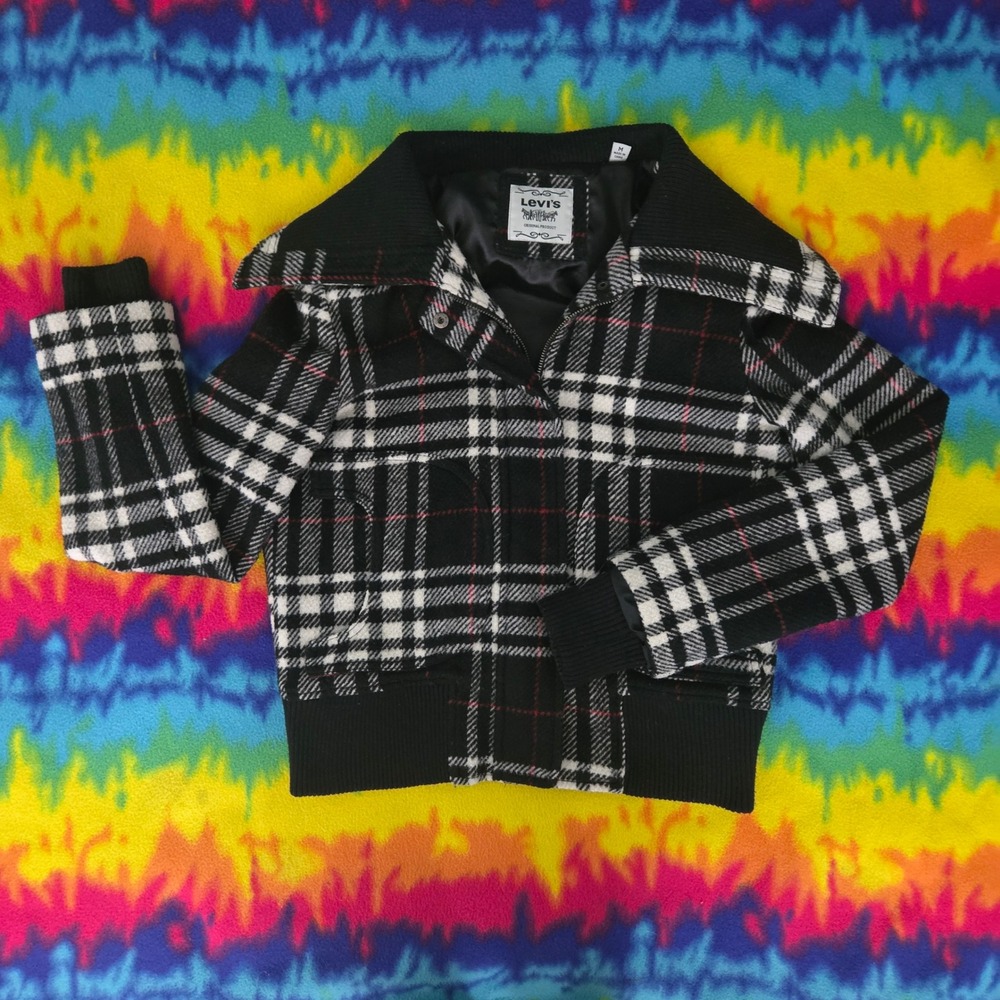 Levis Plaid Bomber Jacket Black White Red Tartan Full Zip Ribbed Trim Size M